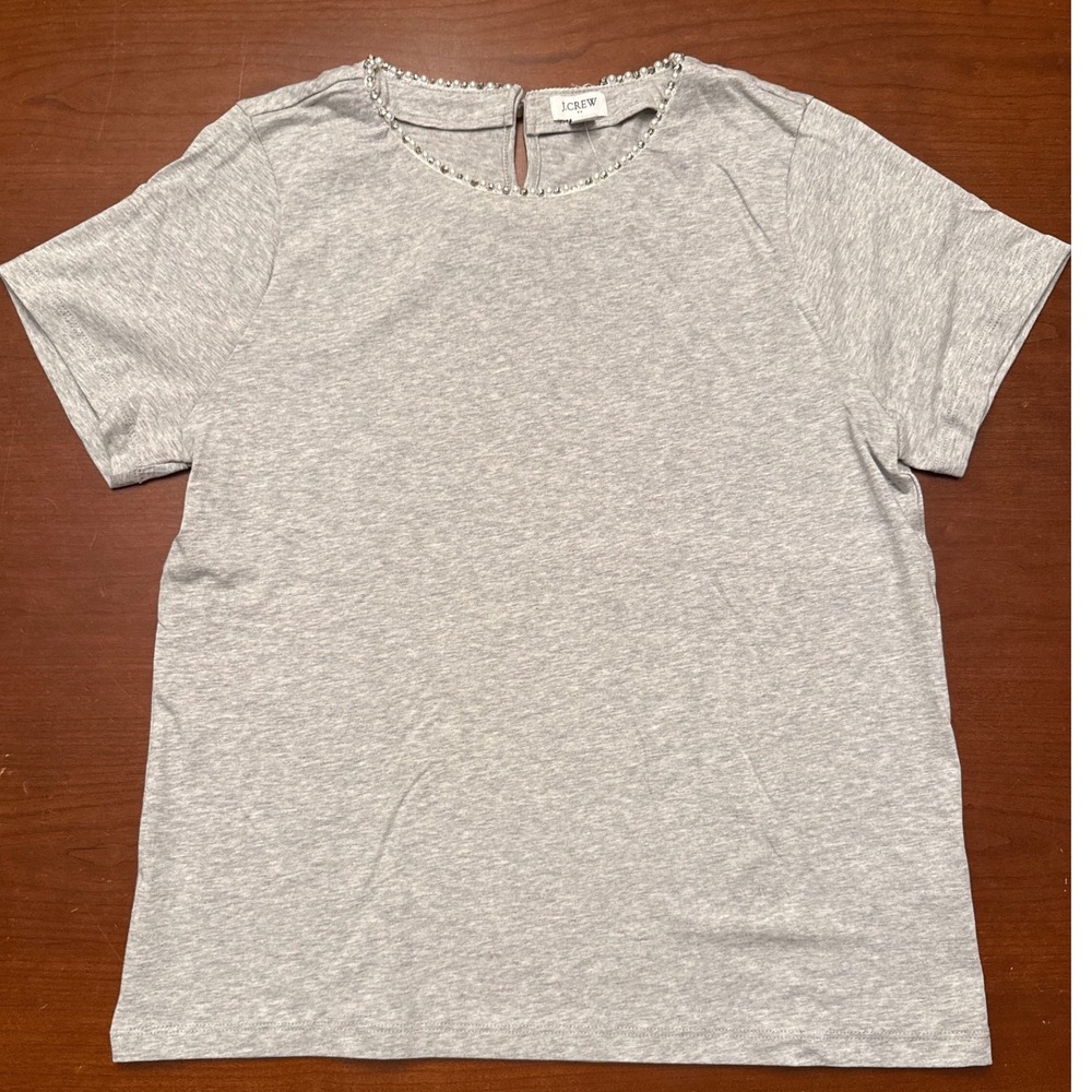 J. Crew shirt Large‎ rhinestone pearl trim gray NWT *new but flawed* tee jewel